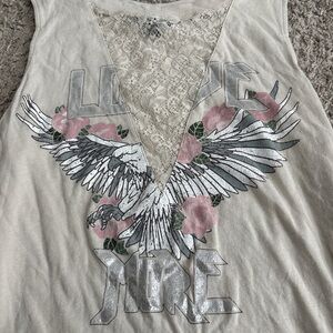 Lace-Inset Graphic Tank with Winged Eagle & Pink Flowers